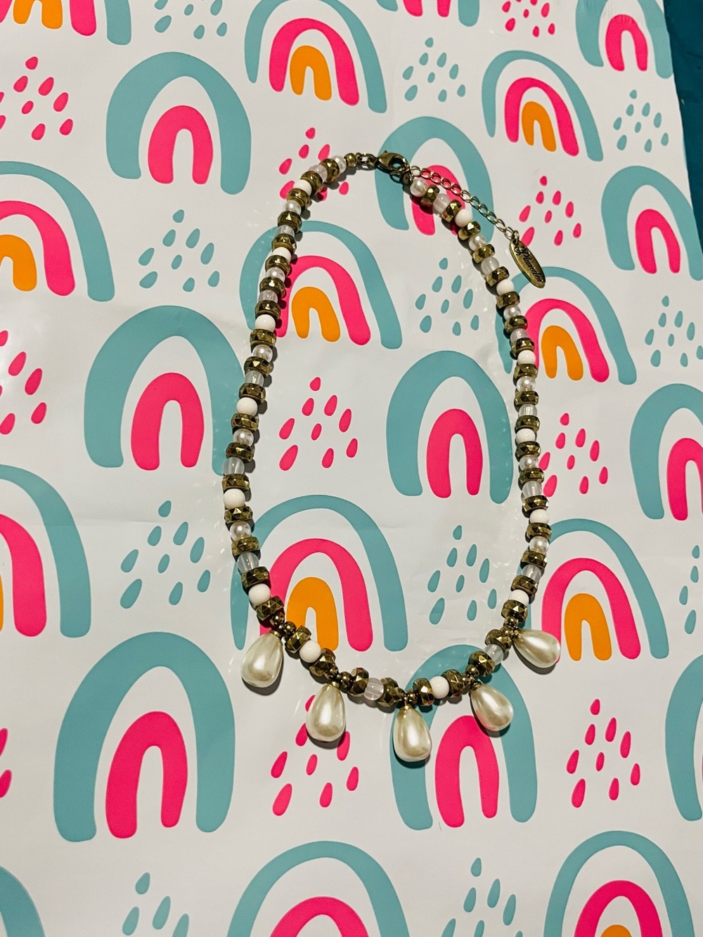 Plunder White & Gold Beaded Necklace with Pearl Drops